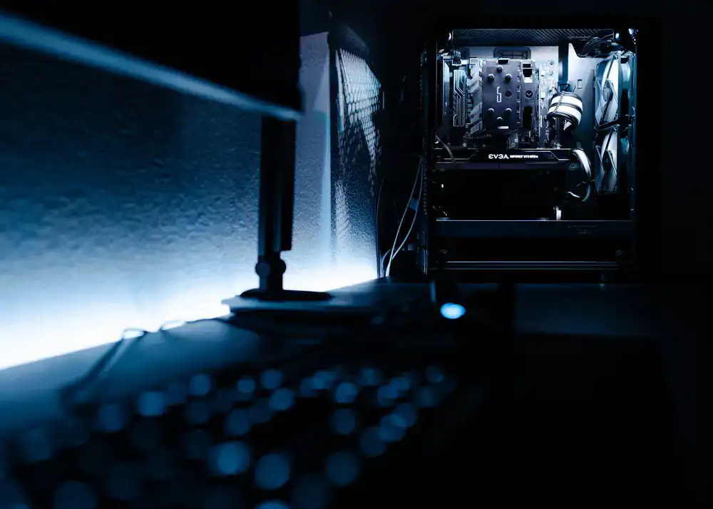High-end gaming PC setup with neon lighting